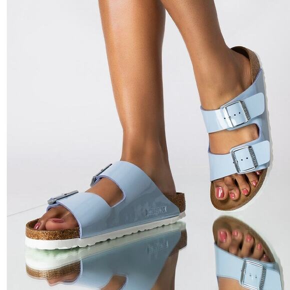Birkenstock Arizona Dove Blue Patent Leather Cork Footbed Sandals 39 / US 8 NEW - Picture 1 of 10
